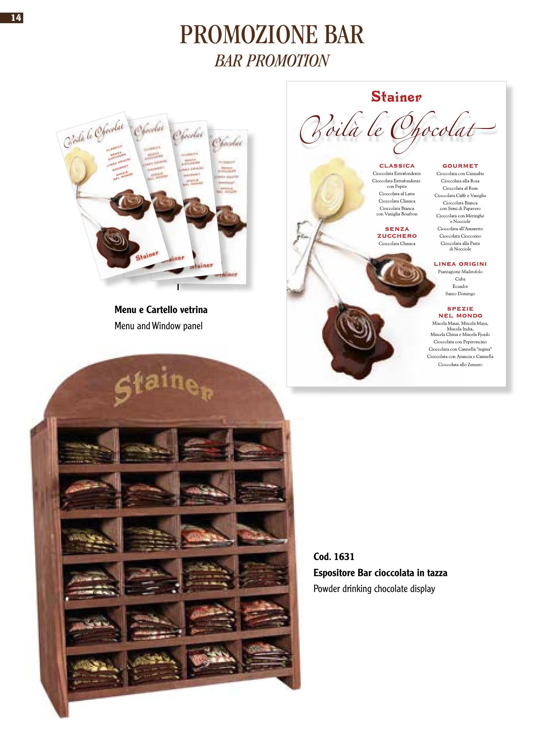 Promozione Bar Stainer — Espositore legno, menu Voilà le Chocolat